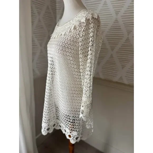 Small Cream Lace Knit Croquet Coastal Grandma Dress Overlay or Swim Coverup - Picture 3 of 7